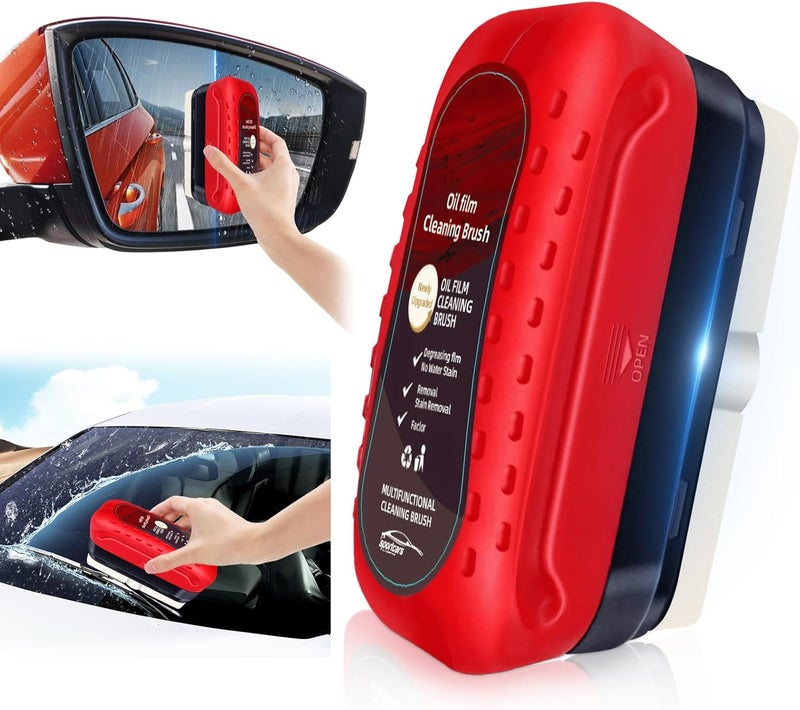 Eiruseed Automotive Oil Film Cleaning Brush with Reusable Foam Sprayer, Upgraded Antifog Glass Cleaning Board, Glass Oil Film Remover for Car Windows & Windshields, Versatile Car Glass Cleaner Brush (Red) - Image 1